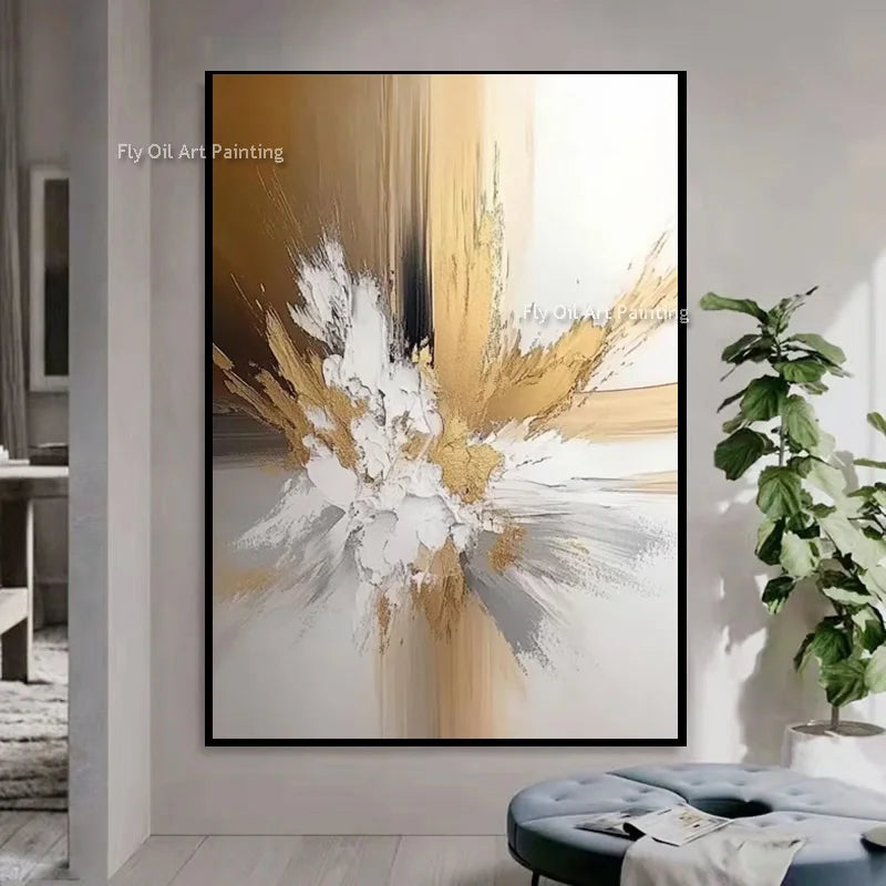Handmade Luxury Grey and Golden Yellow Canvas Wall Art New Original Gol Foil Artwork White Beige Oil Painting for Home Decor