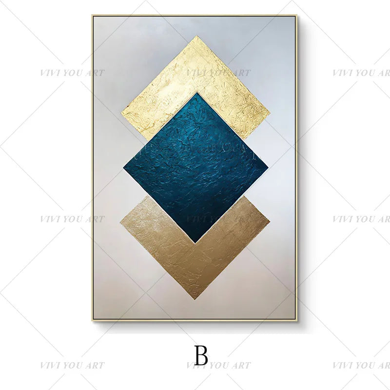 Modern Abstract Geometric Hand-Painted Oil Painting with Gold Foil Blue & Silver Artwork for Living Room Bedroom Office Home Dec