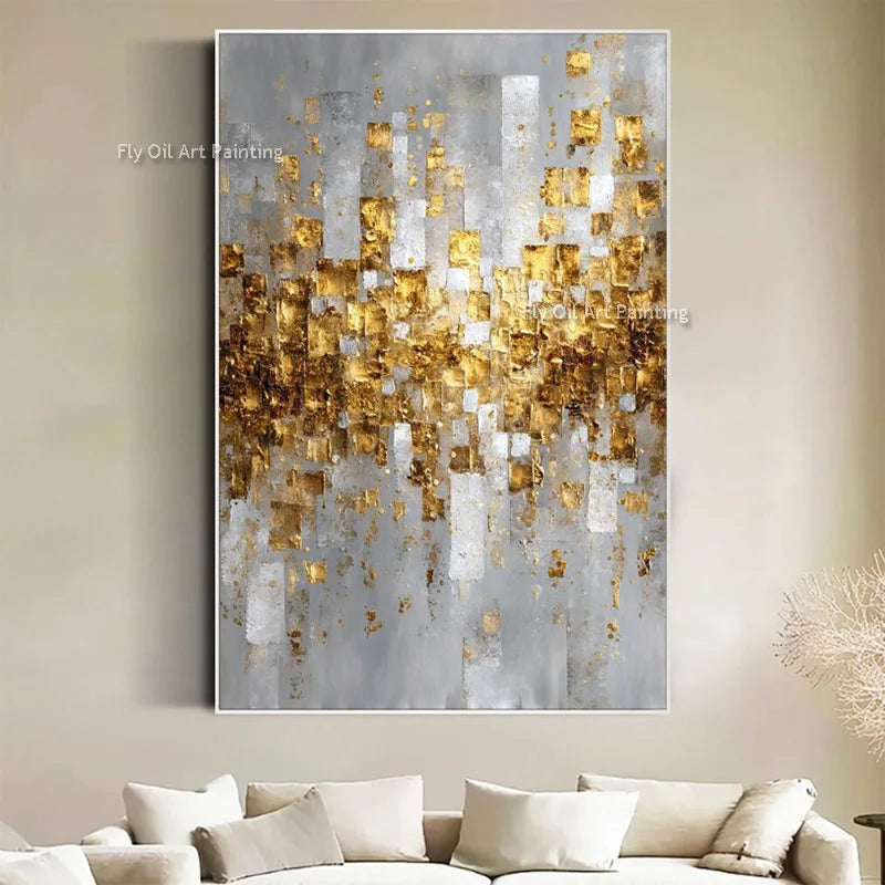 Handmade Luxury Grey and Golden Yellow Canvas Wall Art New Original Gol Foil Artwork White Beige Oil Painting for Home Decor