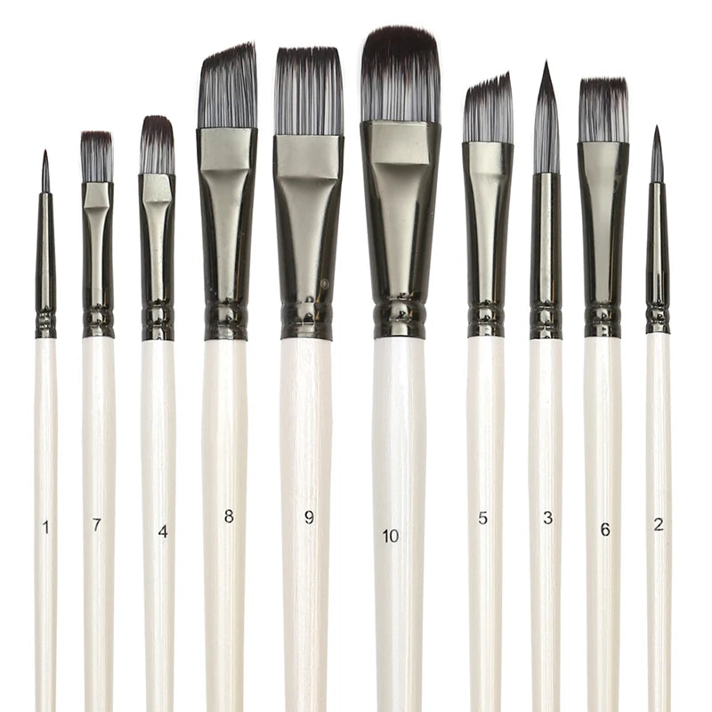 Professional Paint Brush Set for Acrylic, Gouache, Oil, and Watercolor - 10 Synthetic Nylon Brushes for Artists