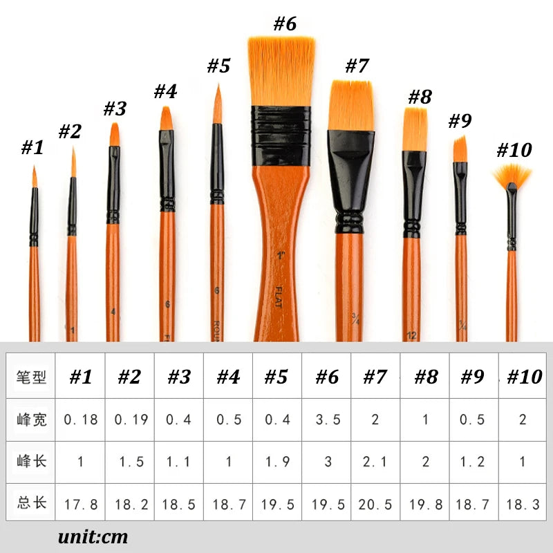 10Pcs/Set Nylon Hair Wooden Handle Watercolor Paint Brush Pen Set Learning DIY Oil Acrylic Painting Art Paint Brushes Supplies