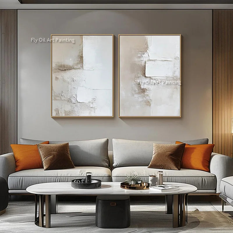 Handpainted Biege and White Abstract Thick Oil Painting on Canvas Simple Design Set of Two Canvas Wall Art for Room Decor