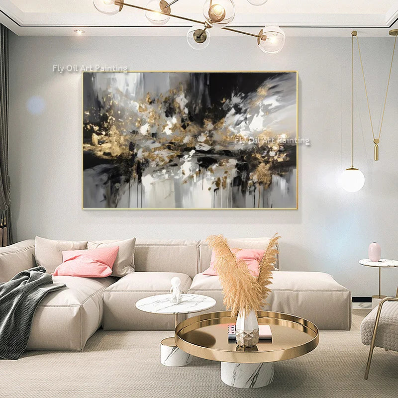 Brown and Black Golden Abstract Cityscape Oil Painting Handmade Black Grey Canvas Wall Art Gold Foil Artwork for Home Decor