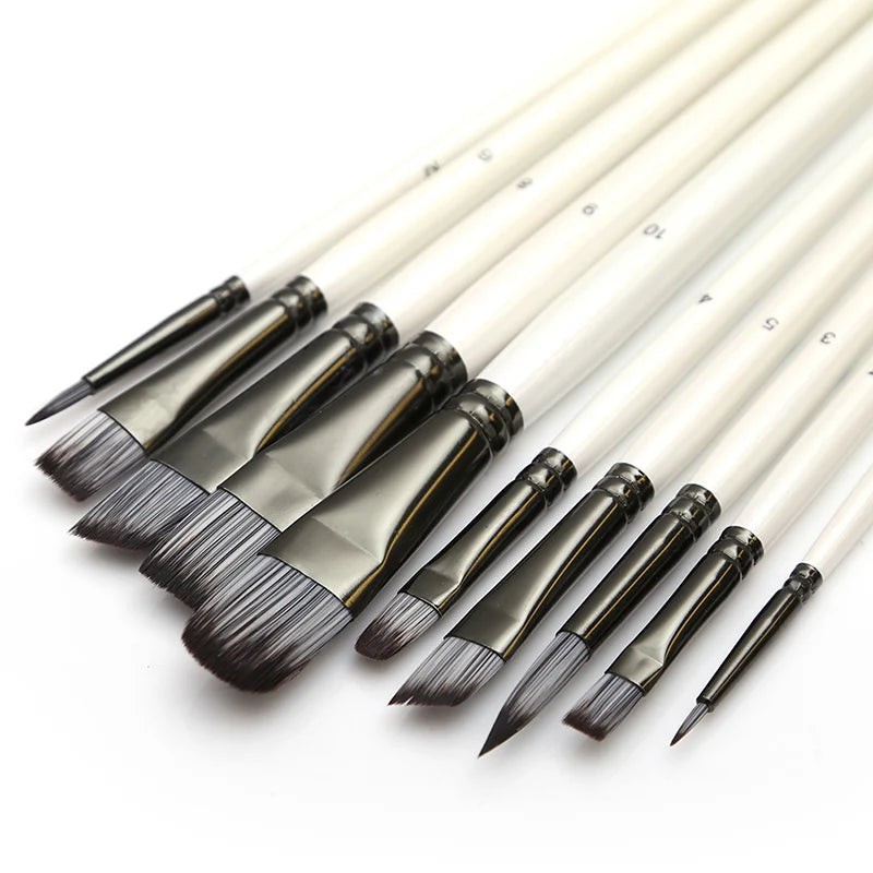 Professional Paint Brush Set for Acrylic, Gouache, Oil, and Watercolor - 10 Synthetic Nylon Brushes for Artists