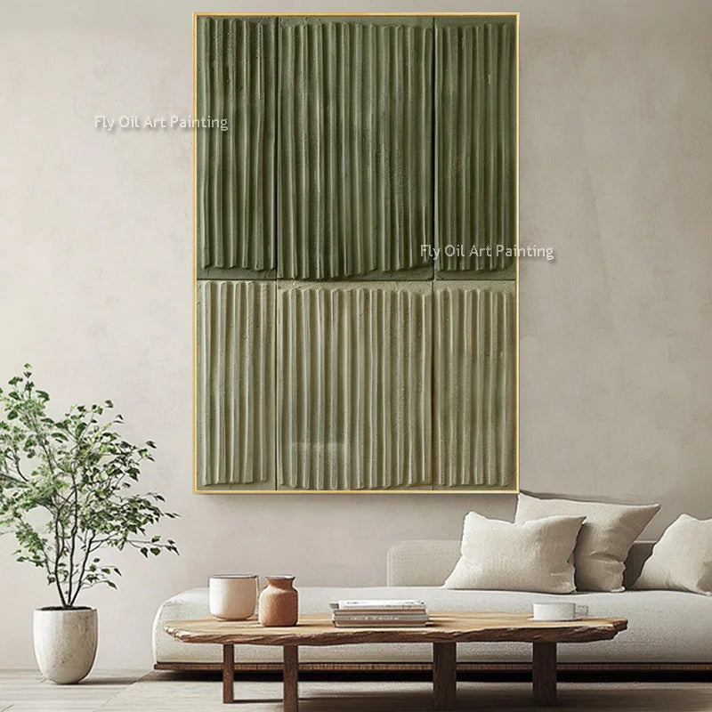 Simple Abstract Artwork Handmade Beige Grass Green Texture Thick Oil Painting on Canvas Original Brown Beige Wall Art Decor