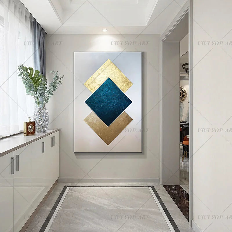 Modern Abstract Geometric Hand-Painted Oil Painting with Gold Foil Blue & Silver Artwork for Living Room Bedroom Office Home Dec