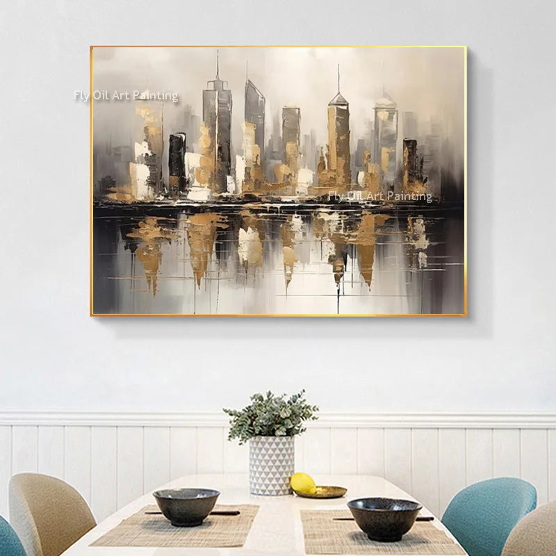 Brown and Black Golden Abstract Cityscape Oil Painting Handmade Black Grey Canvas Wall Art Gold Foil Artwork for Home Decor
