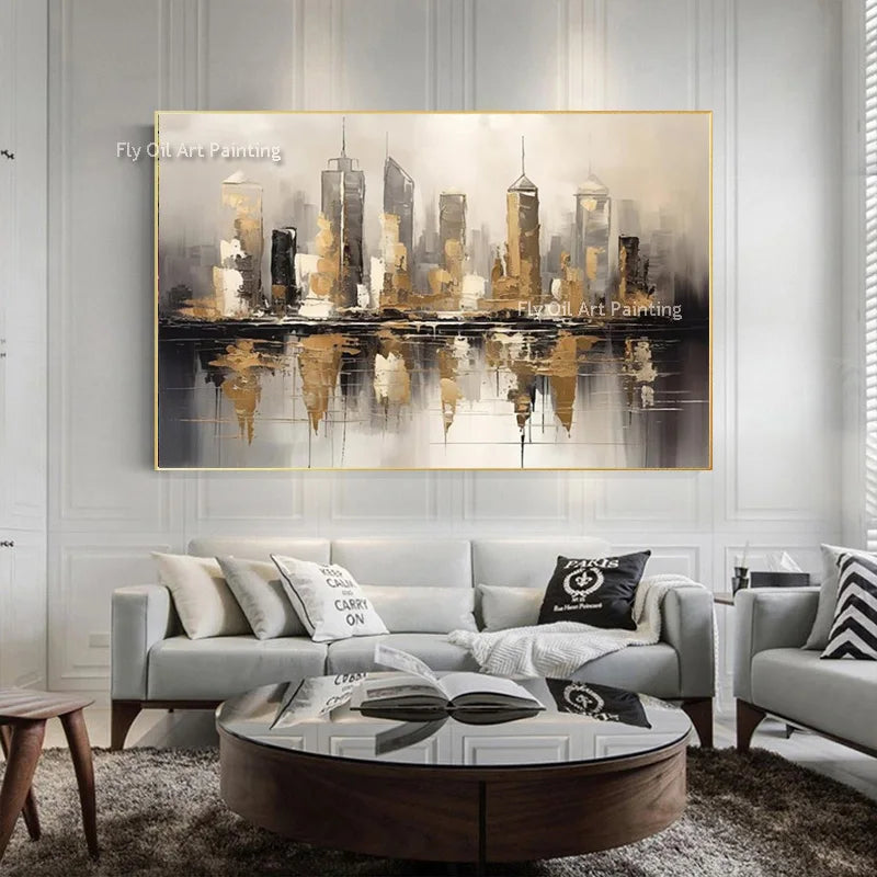 Brown and Black Golden Abstract Cityscape Oil Painting Handmade Black Grey Canvas Wall Art Gold Foil Artwork for Home Decor