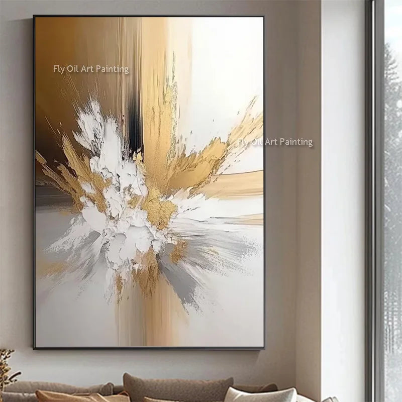 Handmade Luxury Grey and Golden Yellow Canvas Wall Art New Original Gol Foil Artwork White Beige Oil Painting for Home Decor