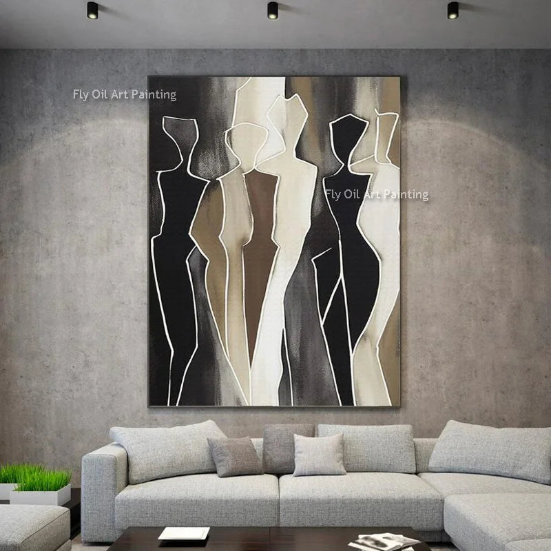 Hand Drawn Abstract Black Beige People Canvas Artwork Modern Brown Beige Women Oil Painting Special New Design Wall Decor