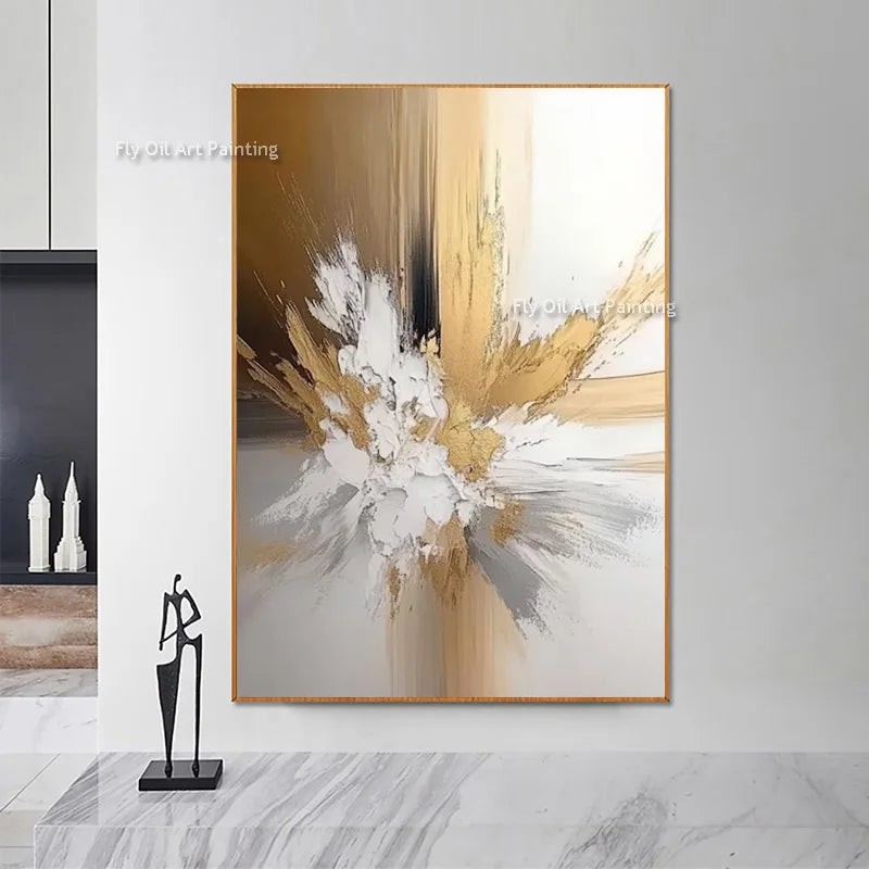 Handmade Luxury Grey and Golden Yellow Canvas Wall Art New Original Gol Foil Artwork White Beige Oil Painting for Home Decor