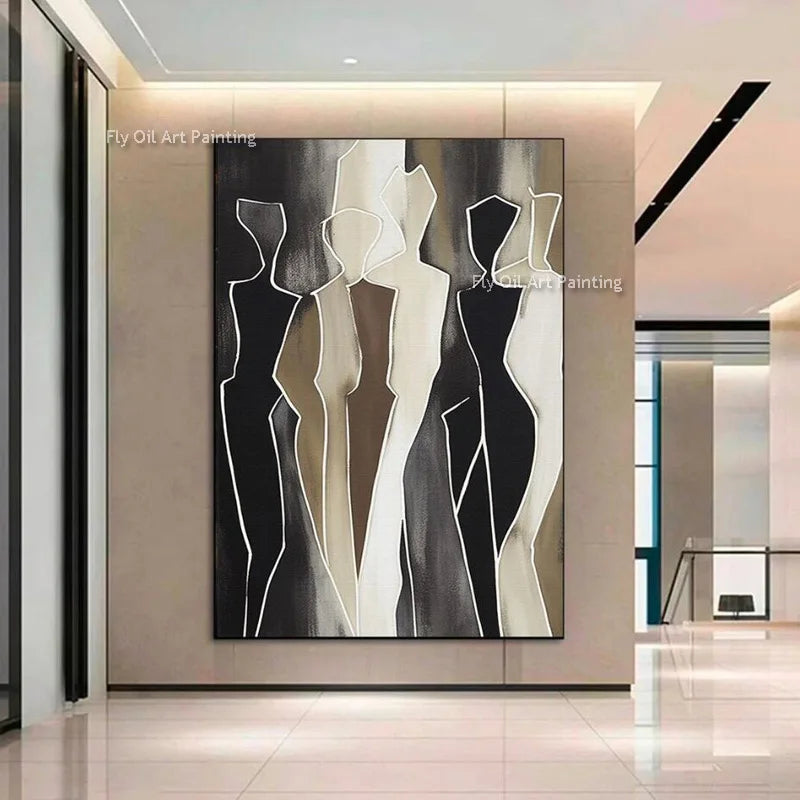 Hand Drawn Abstract Black Beige People Canvas Artwork Modern Brown Beige Women Oil Painting Special New Design Wall Decor