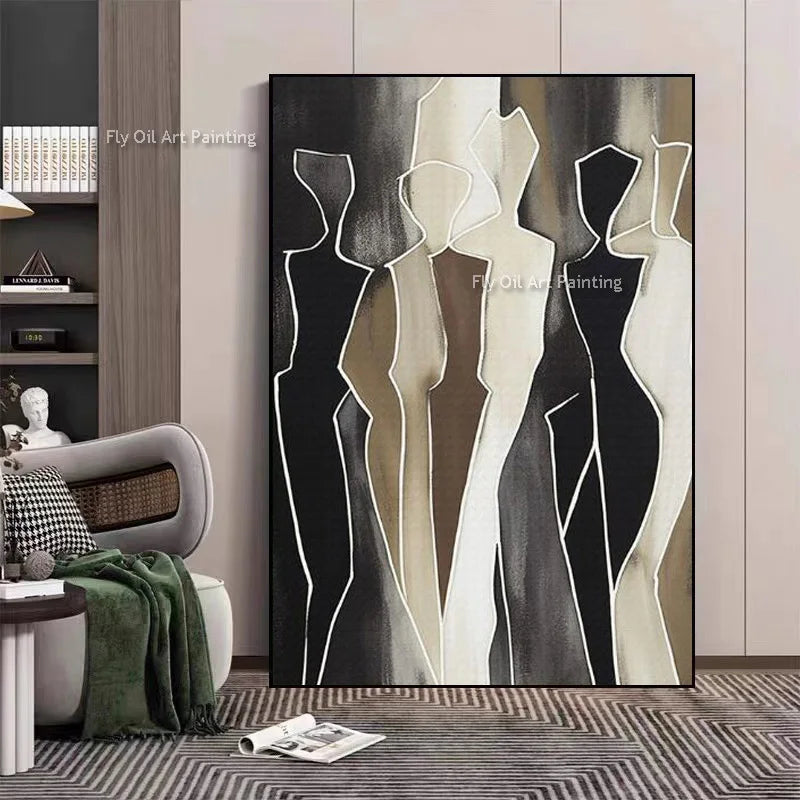 Hand Drawn Abstract Black Beige People Canvas Artwork Modern Brown Beige Women Oil Painting Special New Design Wall Decor