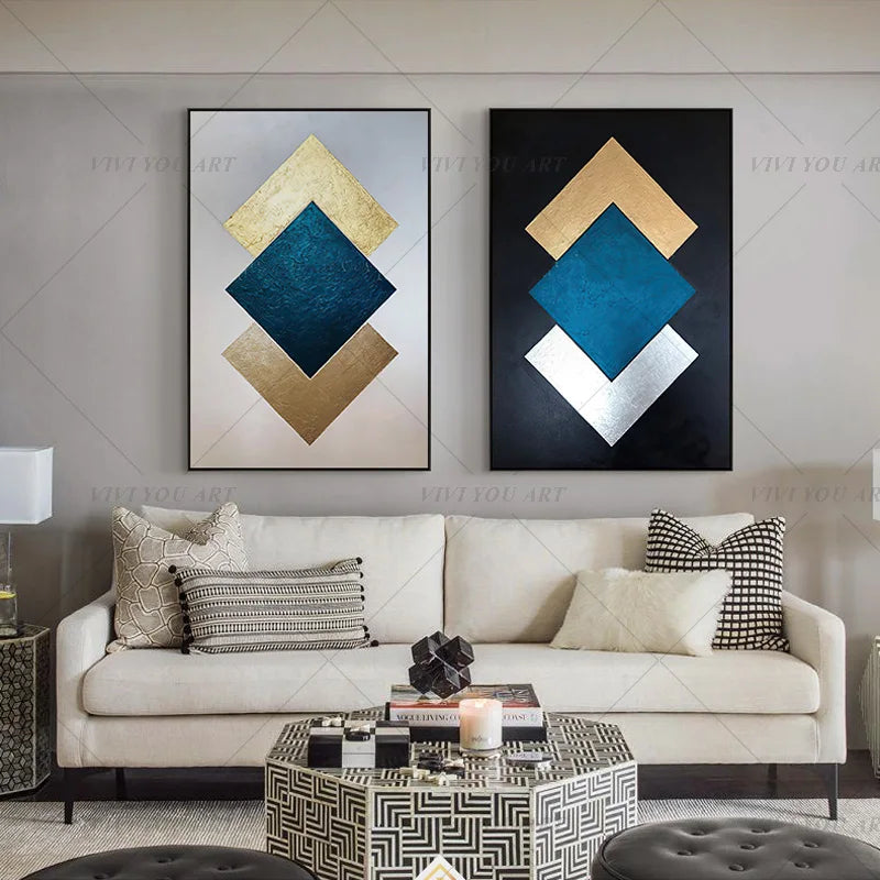 Modern Abstract Geometric Hand-Painted Oil Painting with Gold Foil Blue & Silver Artwork for Living Room Bedroom Office Home Dec