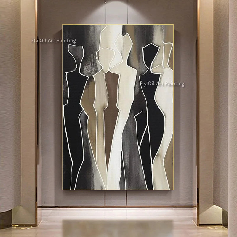 Hand Drawn Abstract Black Beige People Canvas Artwork Modern Brown Beige Women Oil Painting Special New Design Wall Decor