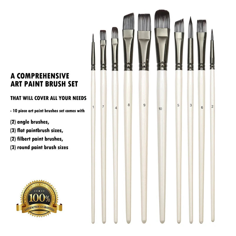 Professional Paint Brush Set for Acrylic, Gouache, Oil, and Watercolor - 10 Synthetic Nylon Brushes for Artists