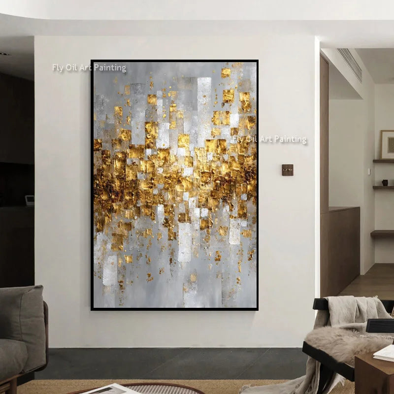 Handmade Luxury Grey and Golden Yellow Canvas Wall Art New Original Gol Foil Artwork White Beige Oil Painting for Home Decor