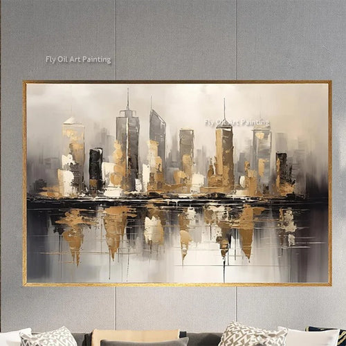 Brown and Black Golden Abstract Cityscape Oil Painting Handmade Black Grey Canvas Wall Art Gold Foil Artwork for Home Decor