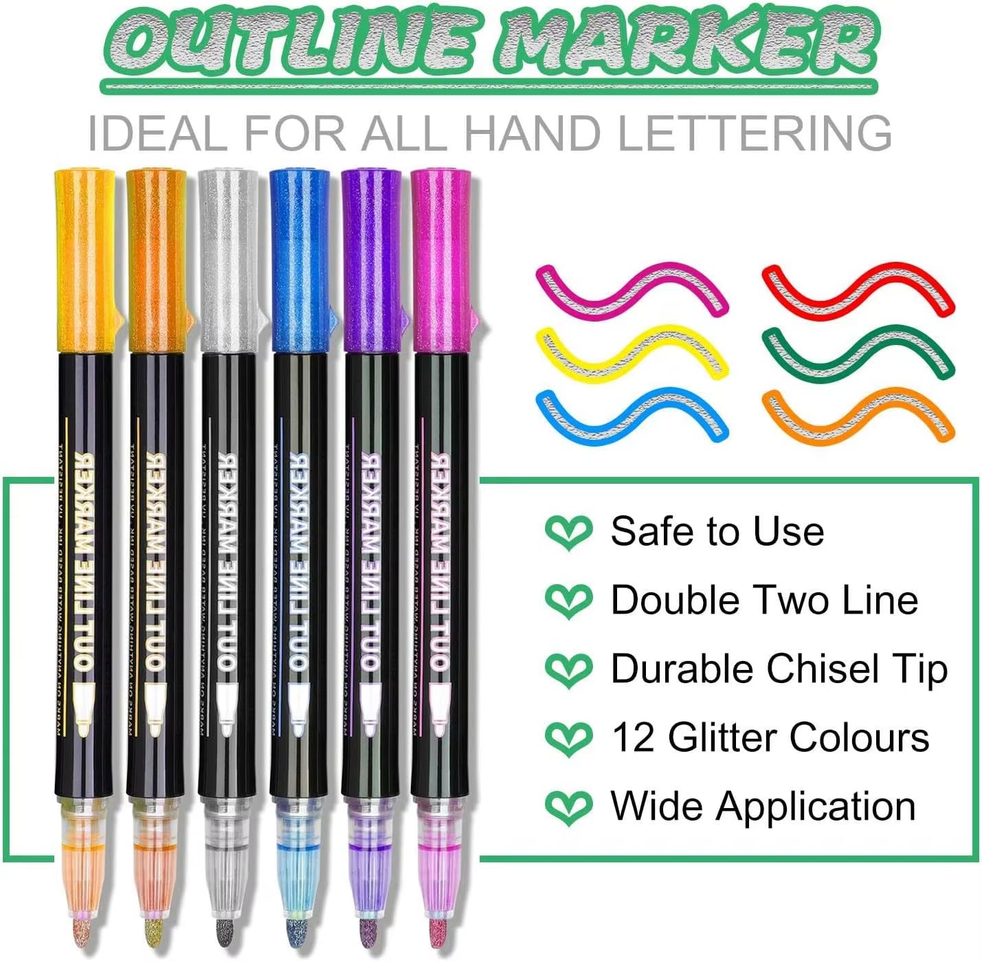 12 Colors Shimmer Metallic Glitter Markers Outline Art Pen