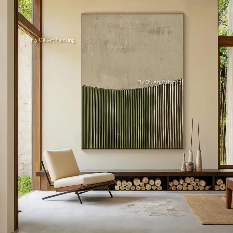 Simple Abstract Artwork Handmade Beige Grass Green Texture Thick Oil Painting on Canvas Original Brown Beige Wall Art Decor