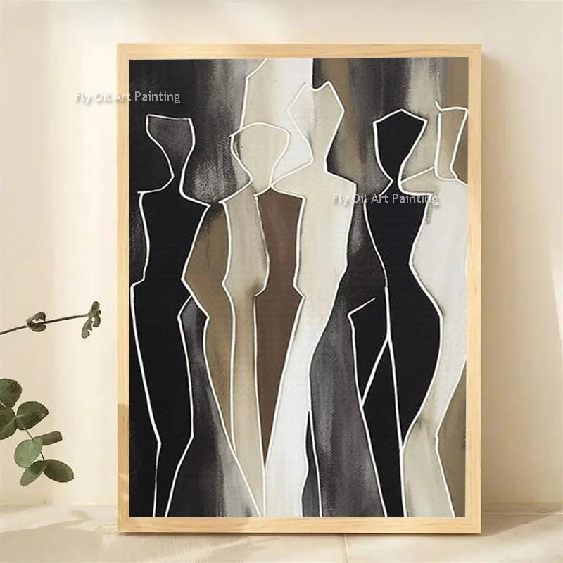 Hand Drawn Abstract Black Beige People Canvas Artwork Modern Brown Beige Women Oil Painting Special New Design Wall Decor