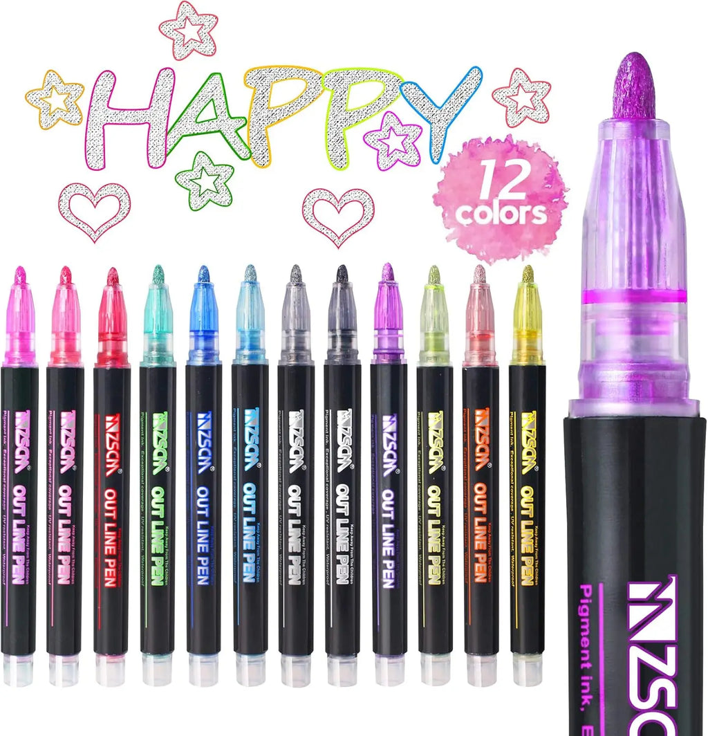 12 Colors Shimmer Metallic Glitter Markers Outline Art Pen