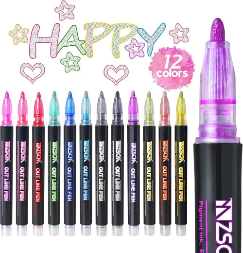 12 Colors Shimmer Metallic Glitter Markers Outline Art Pen