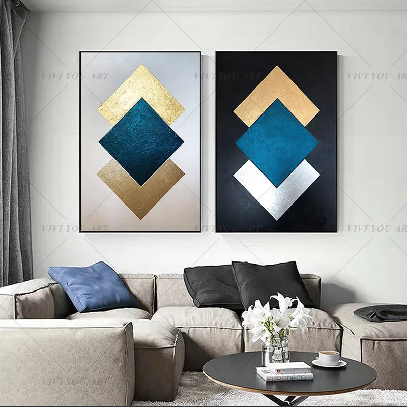 Modern Abstract Geometric Hand-Painted Oil Painting with Gold Foil Blue & Silver Artwork for Living Room Bedroom Office Home Dec
