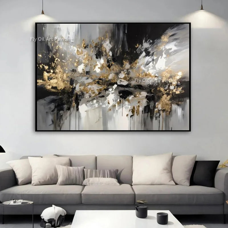 Brown and Black Golden Abstract Cityscape Oil Painting Handmade Black Grey Canvas Wall Art Gold Foil Artwork for Home Decor