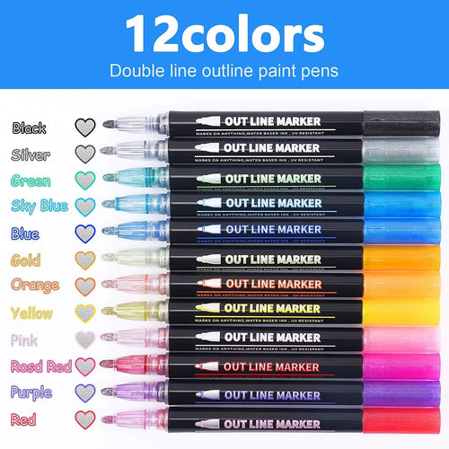 12 Colors Shimmer Metallic Glitter Markers Outline Art Pen
