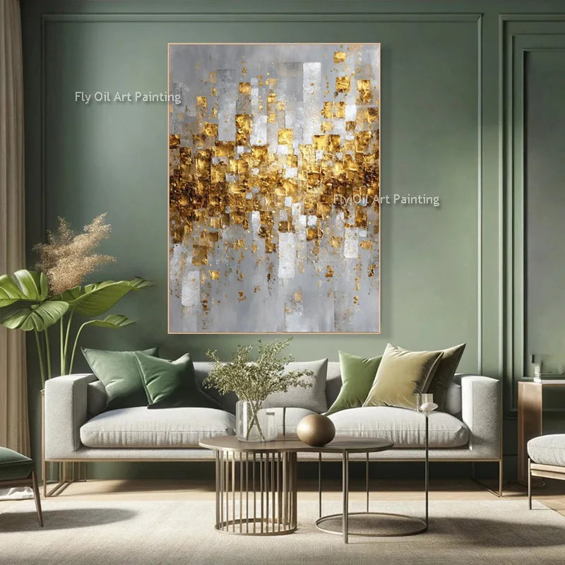 Handmade Luxury Grey and Golden Yellow Canvas Wall Art New Original Gol Foil Artwork White Beige Oil Painting for Home Decor