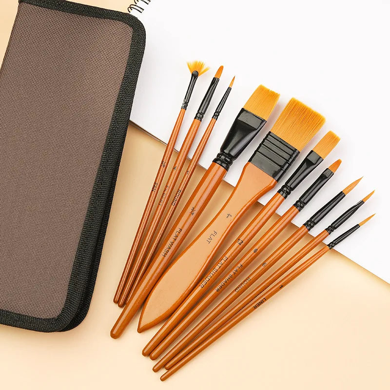10Pcs/Set Nylon Hair Wooden Handle Watercolor Paint Brush Pen Set Learning DIY Oil Acrylic Painting Art Paint Brushes Supplies