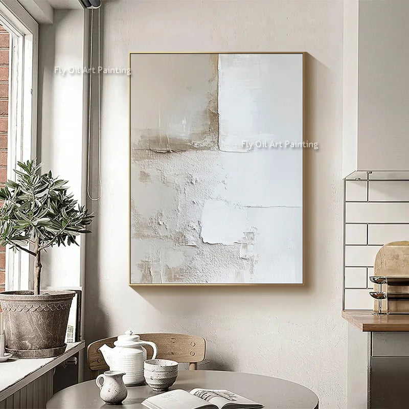 Handpainted Biege and White Abstract Thick Oil Painting on Canvas Simple Design Set of Two Canvas Wall Art for Room Decor