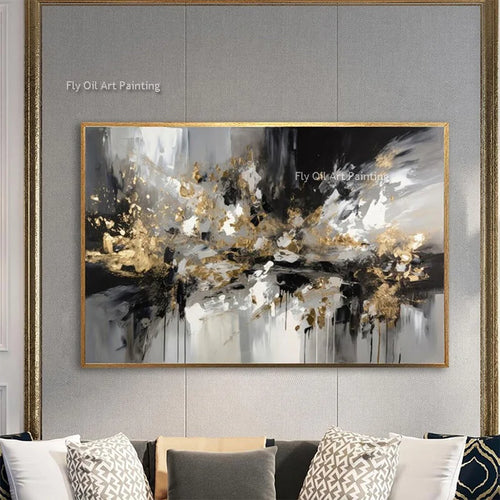 Brown and Black Golden Abstract Cityscape Oil Painting Handmade Black Grey Canvas Wall Art Gold Foil Artwork for Home Decor