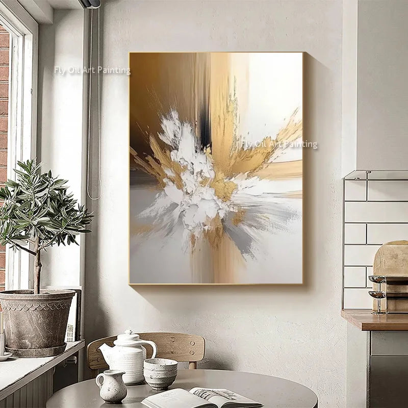 Handmade Luxury Grey and Golden Yellow Canvas Wall Art New Original Gol Foil Artwork White Beige Oil Painting for Home Decor