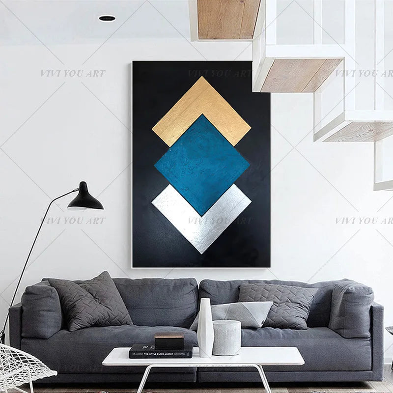 Modern Abstract Geometric Hand-Painted Oil Painting with Gold Foil Blue & Silver Artwork for Living Room Bedroom Office Home Dec