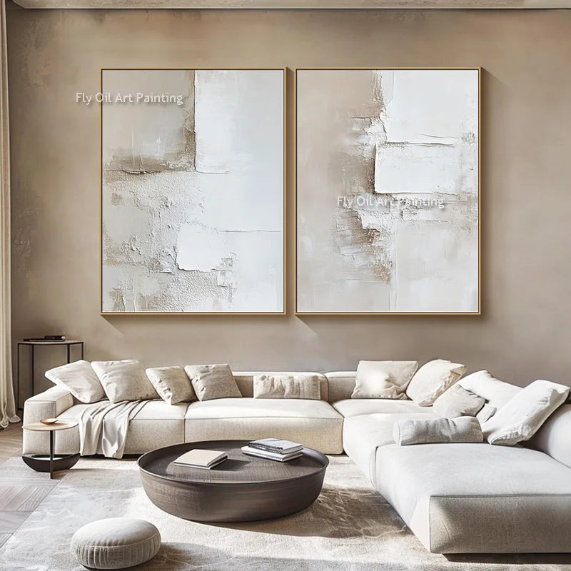 Handpainted Biege and White Abstract Thick Oil Painting on Canvas Simple Design Set of Two Canvas Wall Art for Room Decor