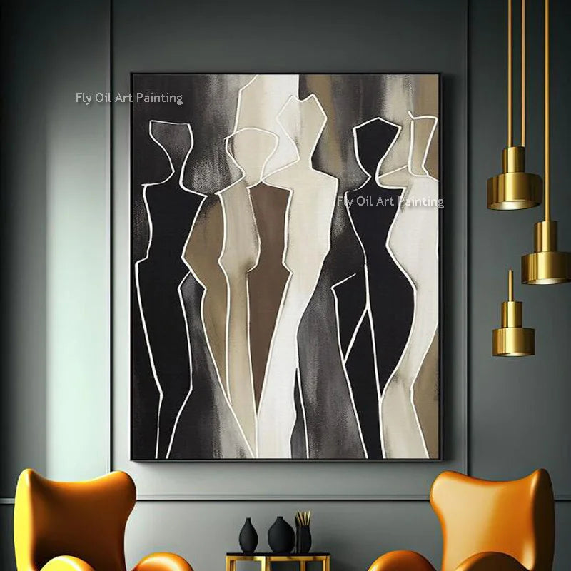 Hand Drawn Abstract Black Beige People Canvas Artwork Modern Brown Beige Women Oil Painting Special New Design Wall Decor